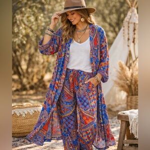 Raj Eva Paisley Mosaic Print Duster OS & Drawstring Pant Set; Size Large~NWT
